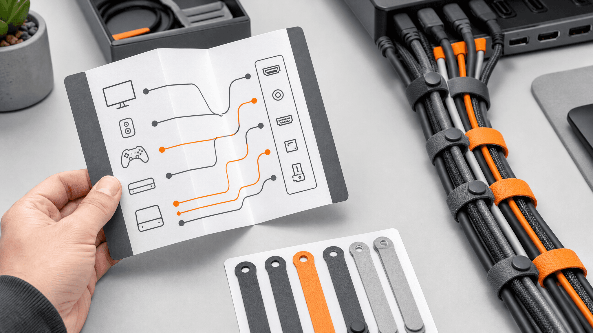 A folding cable-map card and reusable labels beside a tidy bundle of routed cables