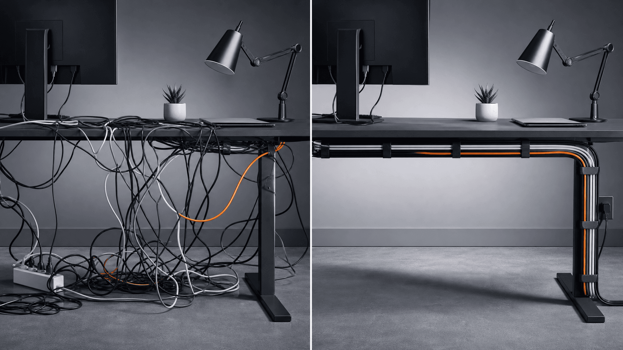 A desk shown before and after Coilworks cable management: tangled cables on the left, a fully routed and clipped setup on the right