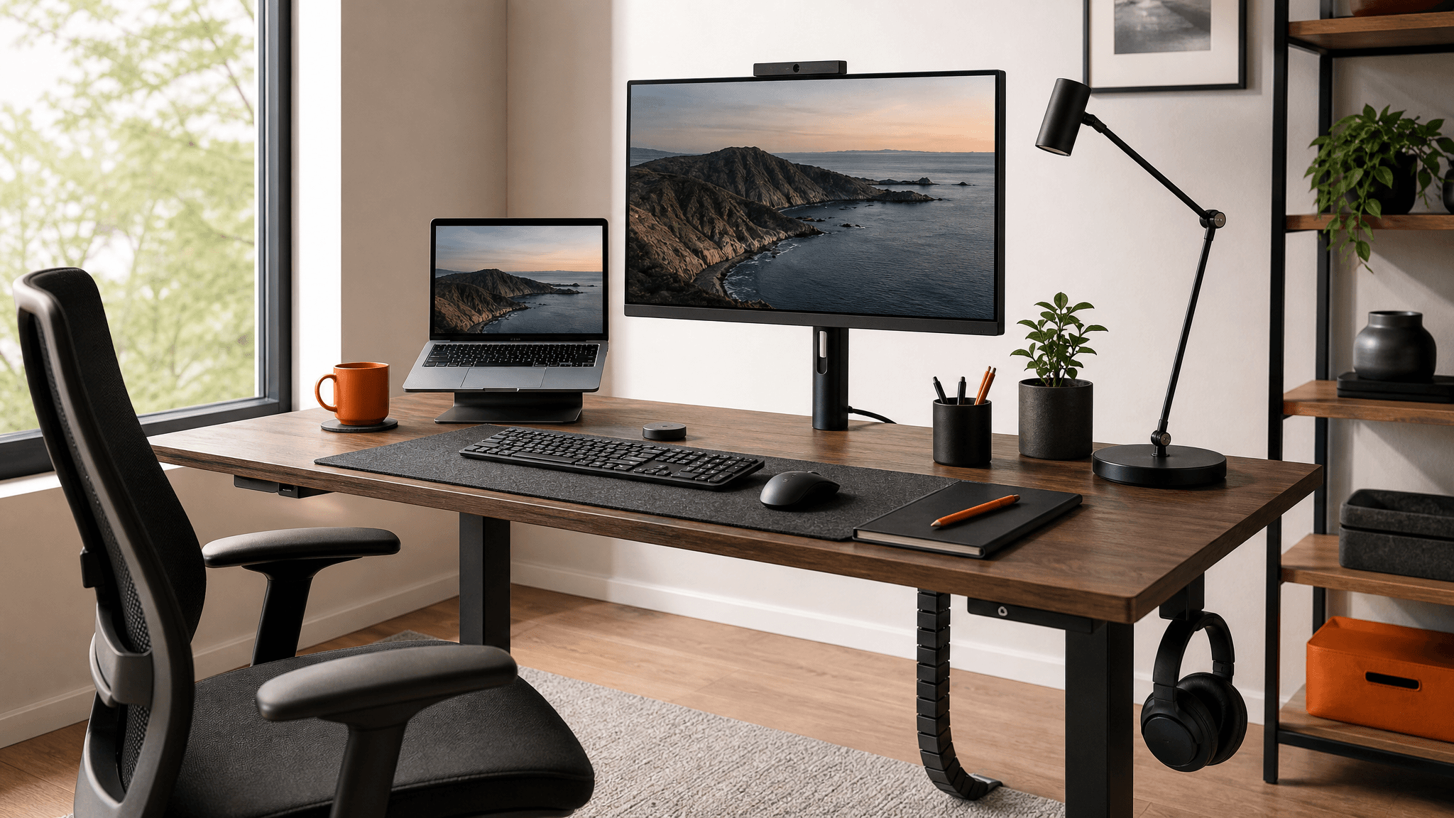 A tidy home office desk with routed cables